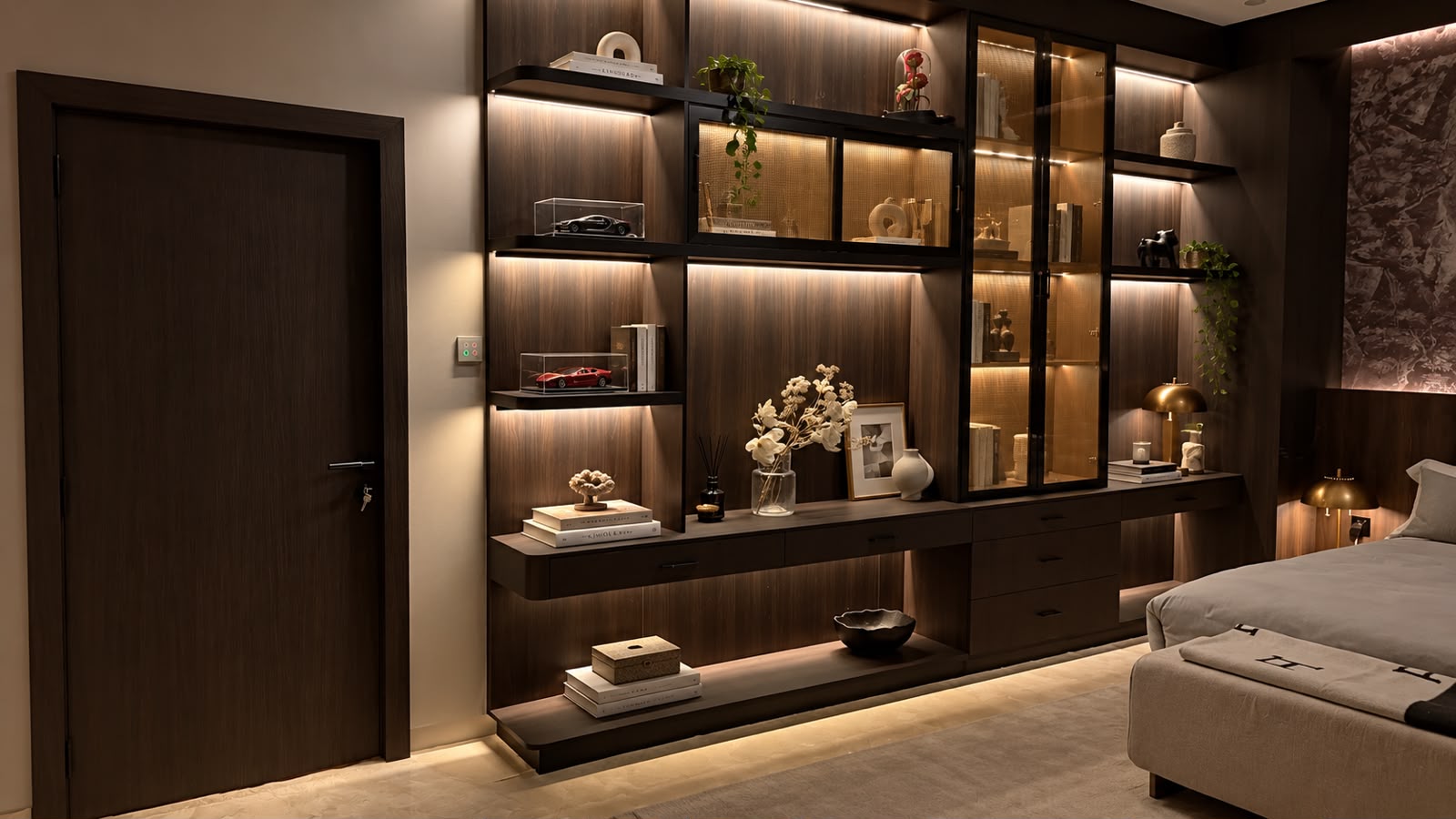Backlit display shelving beside the bedroom door