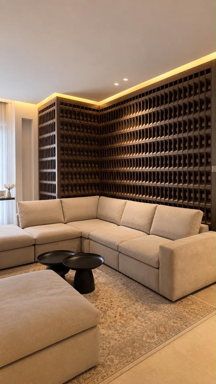 Majlis with a sculpted 3D timber feature wall, cove lighting and a corner sofa