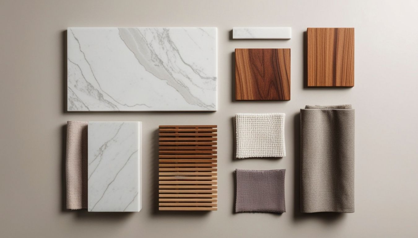 Material board with marble, timber, fluted panel and fabric samples