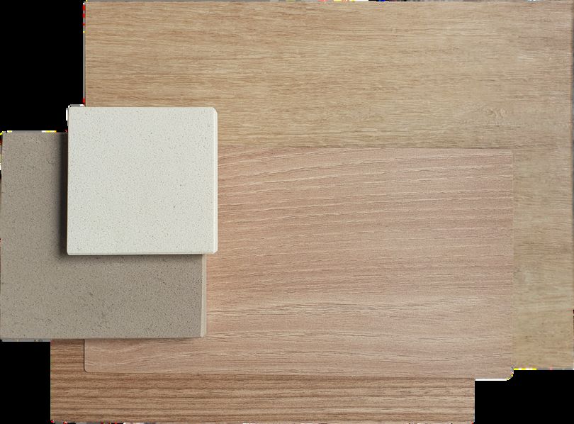 Natural wood veneer with laminate swatches